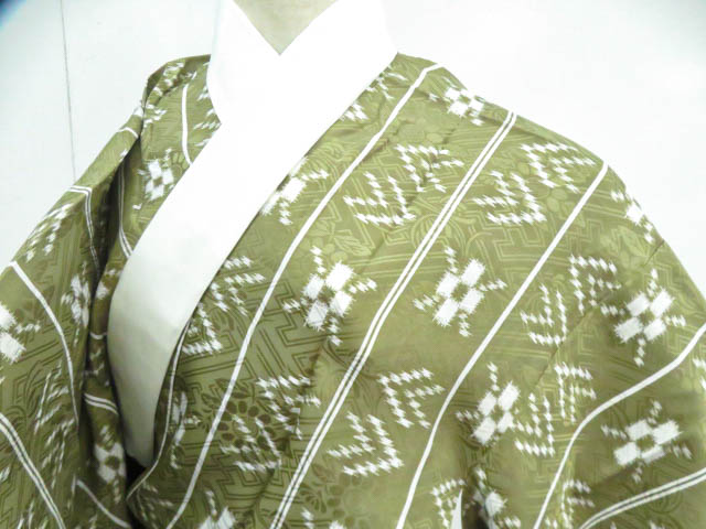 リサイクル　長襦袢　精華　単衣袖無双仕立て　縞に絣模様　花紗綾形地紋